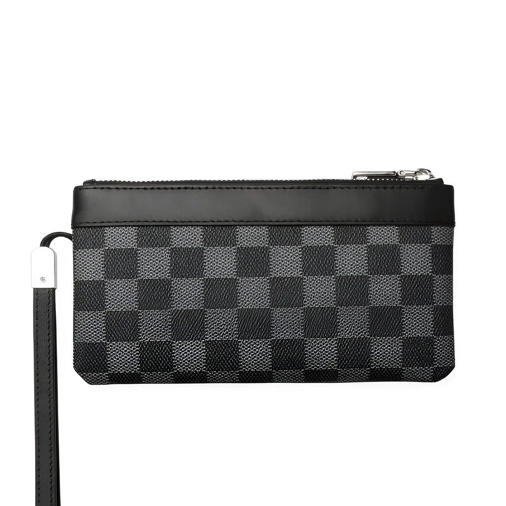 Black leather plaid clutch wallet showing cowhide texture and 20x10cm dimensions
