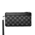 Black leather plaid clutch wallet showing cowhide texture and 20x10cm dimensions