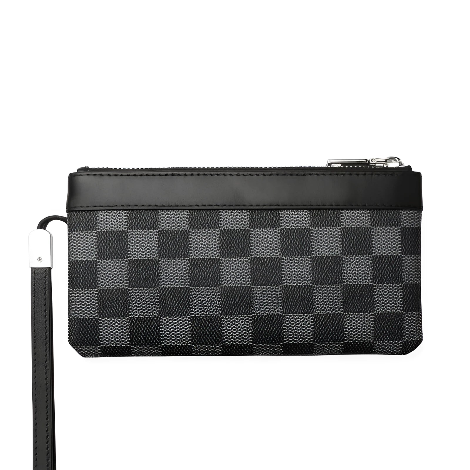 Black leather plaid clutch wallet showing cowhide texture and 20x10cm dimensions