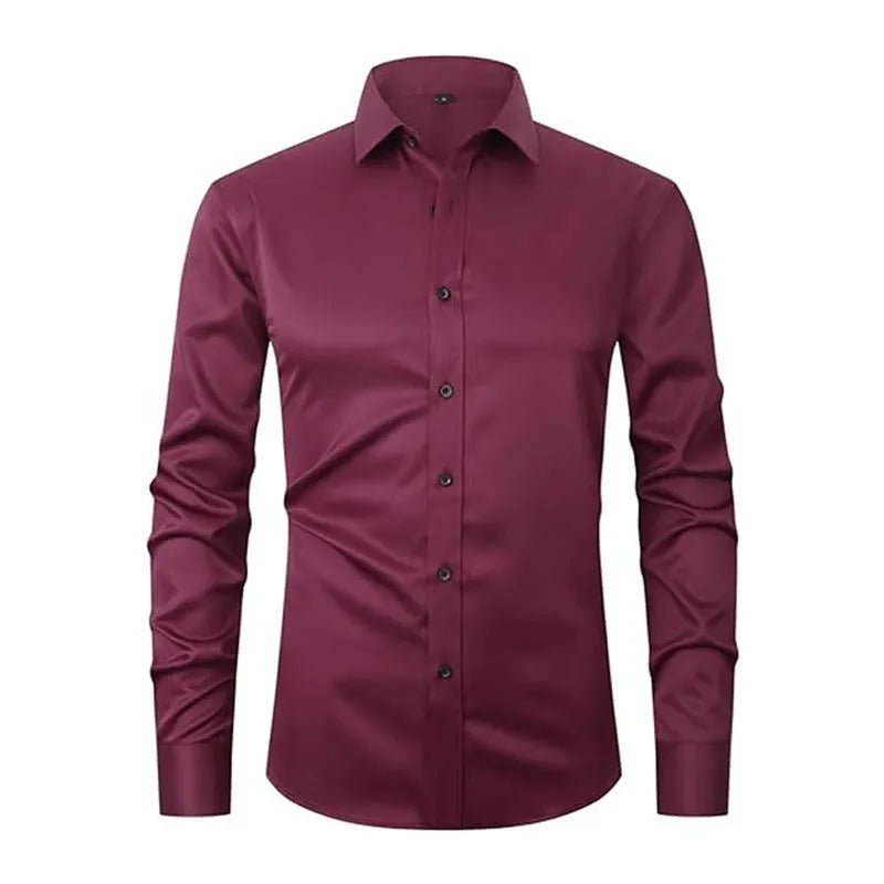 Man wearing a solid colour long sleeve polyester work shirt, showcasing the professional fit and style.