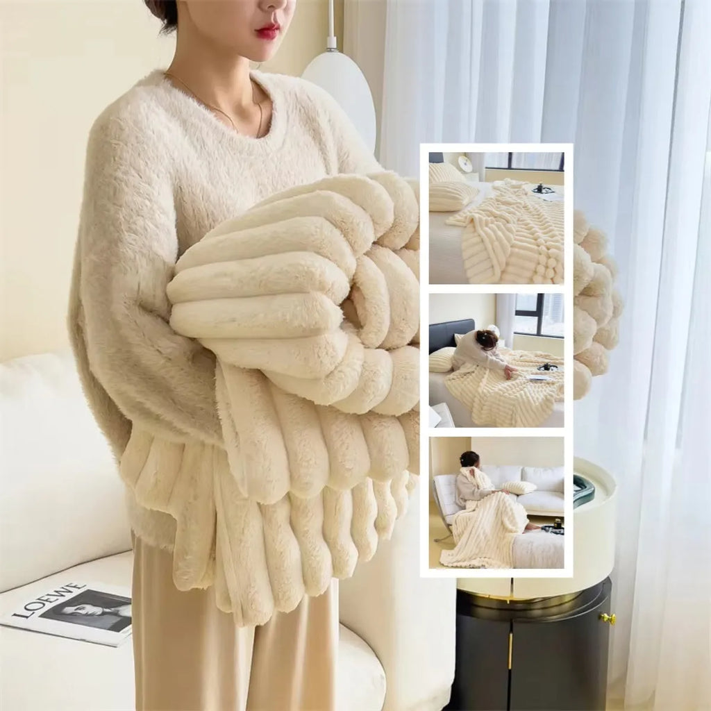 Solid colour bubble faux rabbit fur double-sided thickening blanket shown in a khaki colour