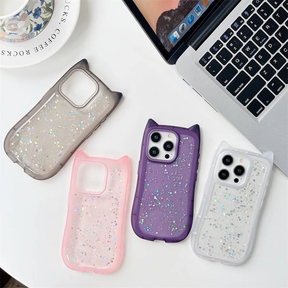 Three-dimensional cat ears epoxy glitter TPU phone case for Apple iPhone, available in pink, white, purple, black, and transparent