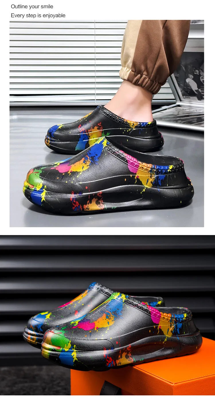 Men's black waterproof EVA work shoes with toe cap and platform sole for kitchen and workshop use
