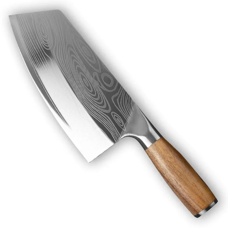 A 320mm stainless steel kitchen knife with a forged blade on a cutting board.