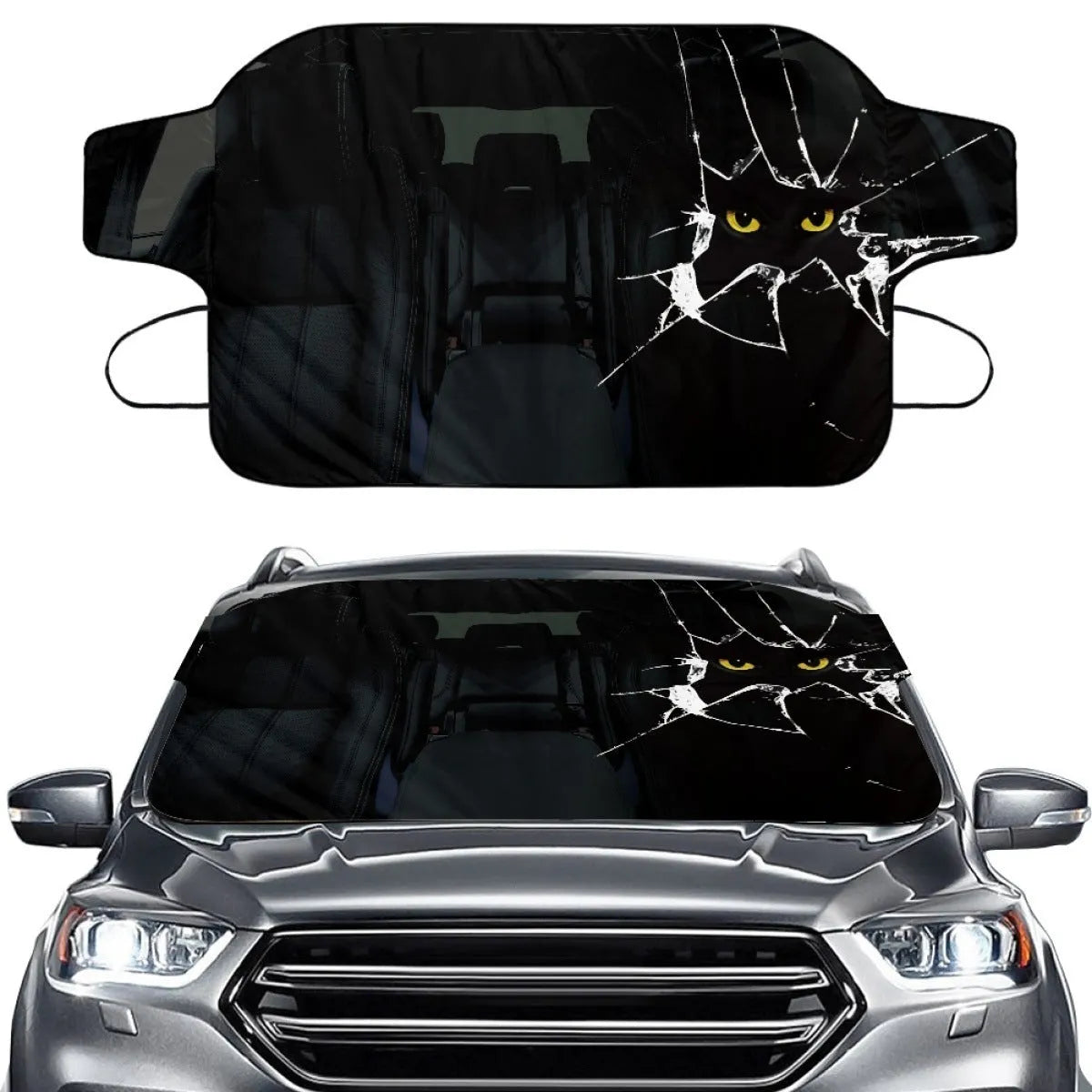 Aluminium film foam polyester fabric car front sunshade protector with lanyard ties