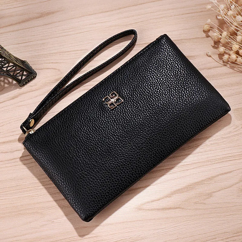Long 55cm phone wallet handbag in PU leather with zipper closure and sewing line detail
