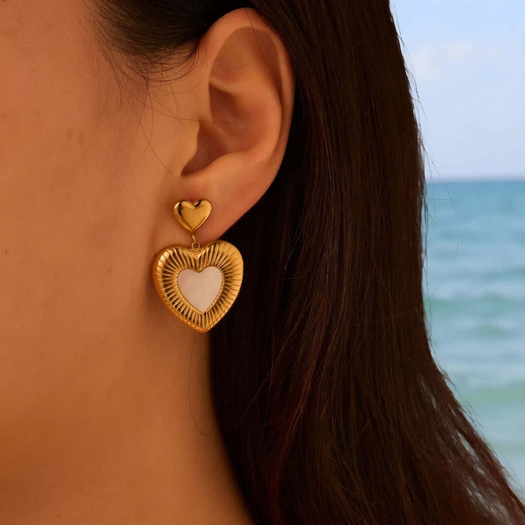 Gold electroplated stainless steel heart-shaped fritillary earrings for women