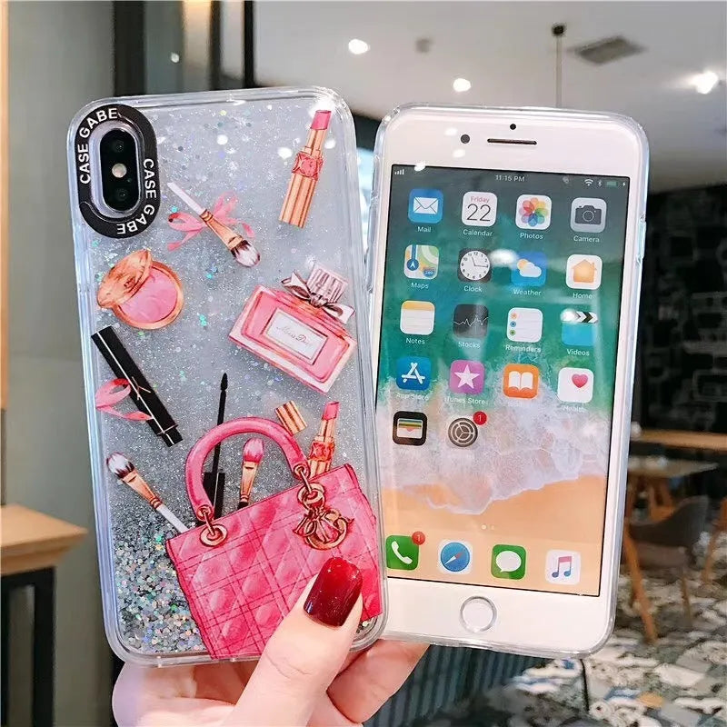 Pink cosmetic liquid quicksand phone case for iPhone XR with dynamic glitter effect