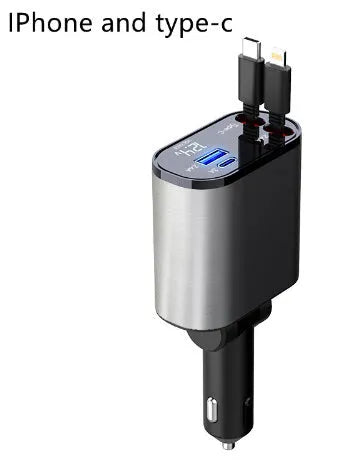 100W metal car charger with retractable cable and adjustable head for fast mobile charging in a car
