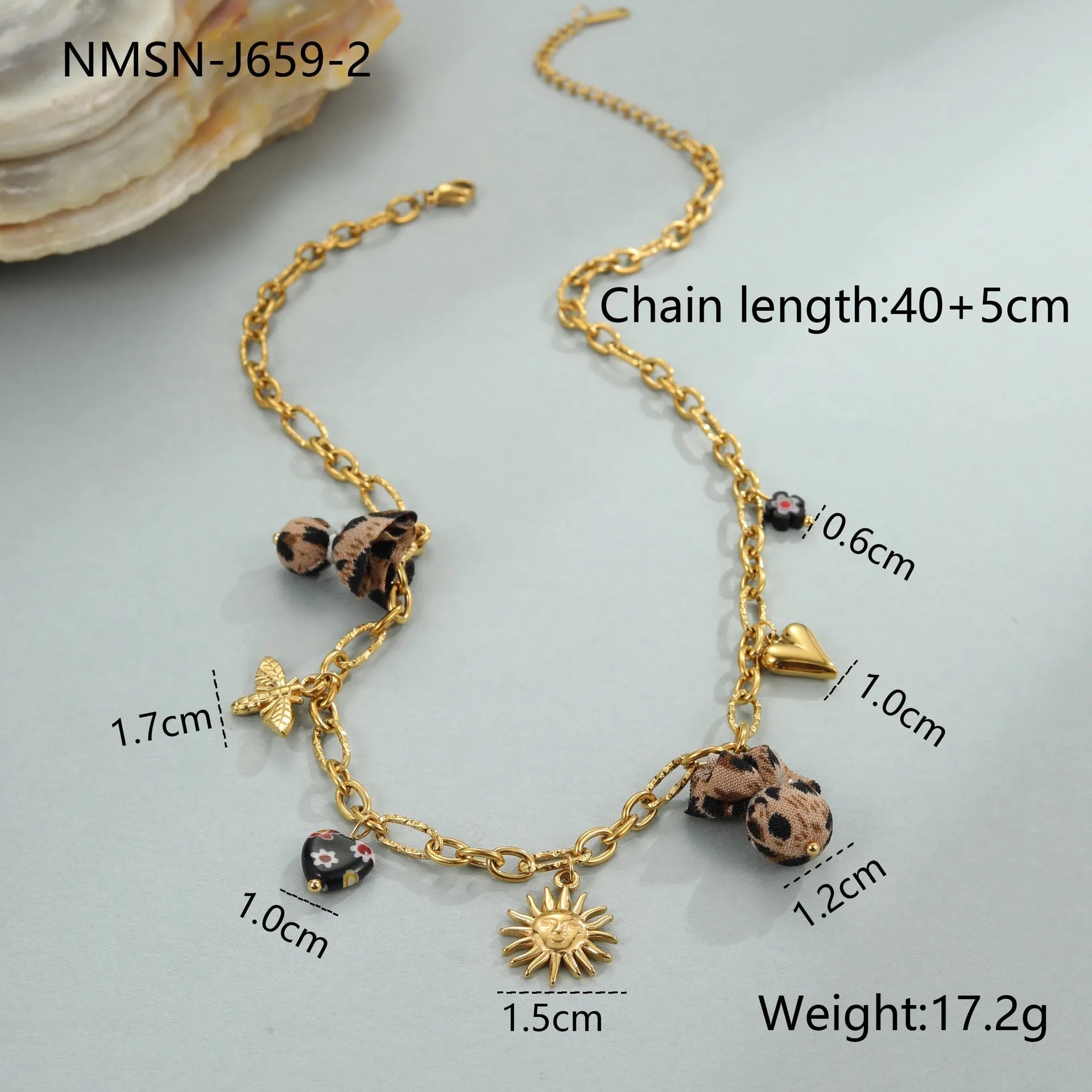 Stainless steel necklace with leopard print heart pendant featuring flower accents on adjustable 41-50cm chain