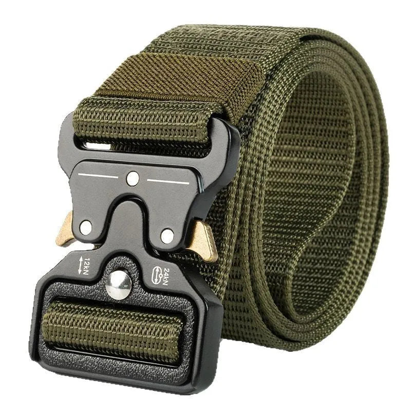 Men's black canvas tactical belt with a silver alloy release buckle, laid flat to show its 120cm length.