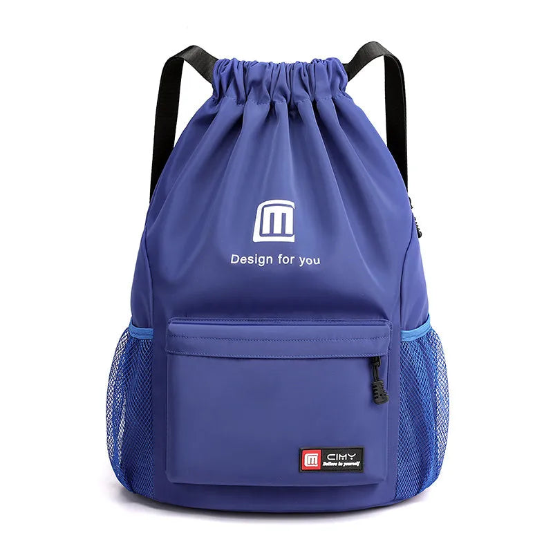 Oxford waterproof drawstring travel backpack in multiple colours showing foldable design and shoulder straps