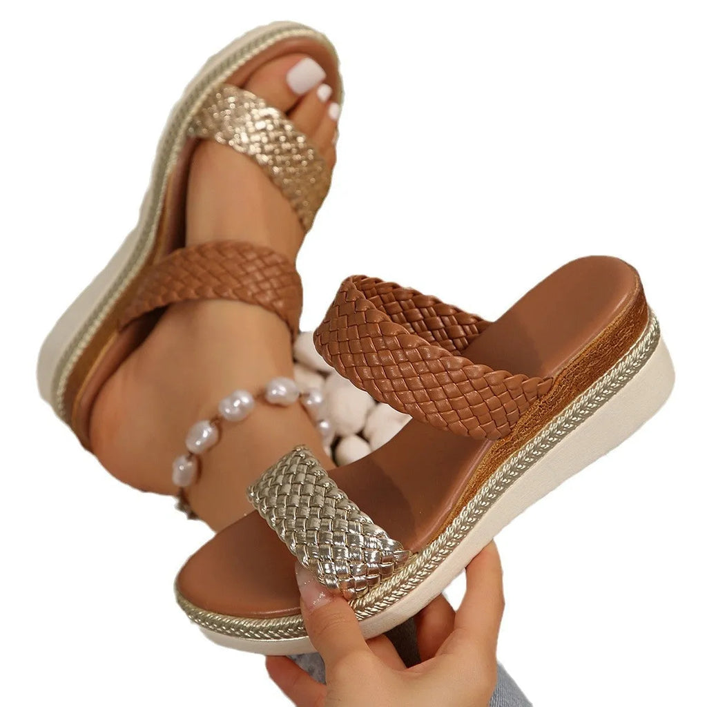 Gold metallic wedge sandals for women with PU upper and rubber sole