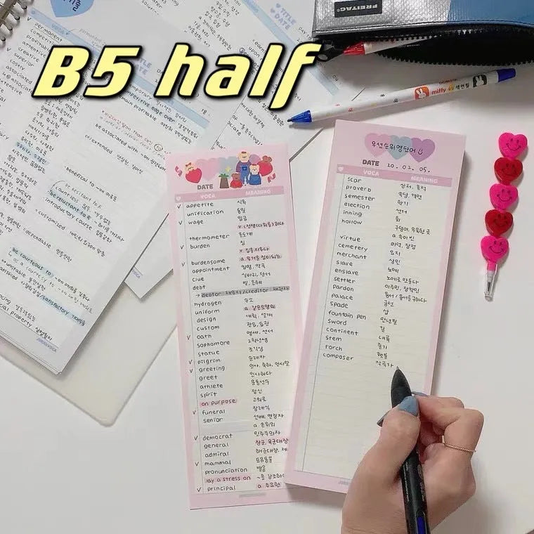 Vertical English words learning notepad in B5 half size with pink cover and 30 sheets