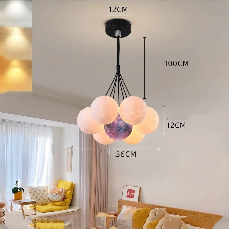 Nordic style bubble moon bedroom chandelier with gold iron body and spherical PMMA lampshades