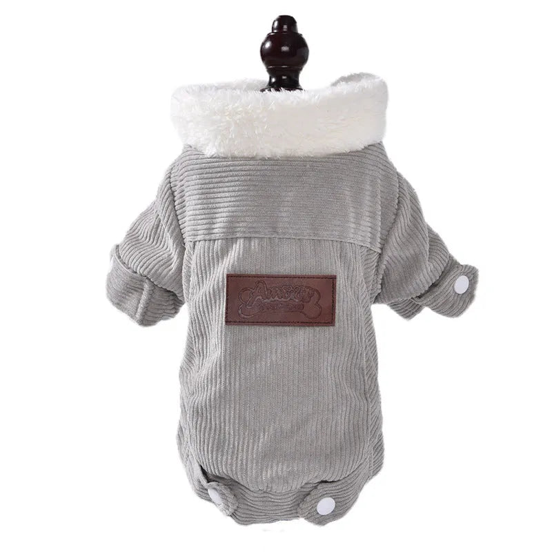 Lambswool grey fleece lined padded vest for dogs on a white background.