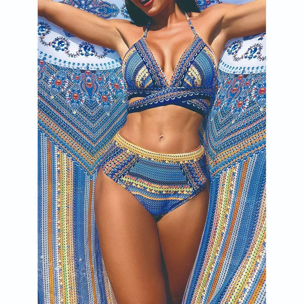 Women's blue cross bandage swimsuit three-piece set showing smock, bra, and high-waist panties