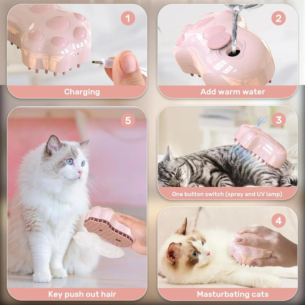 Blue self-cleaning cat steam brush with silicone bristles and a spray nozzle.