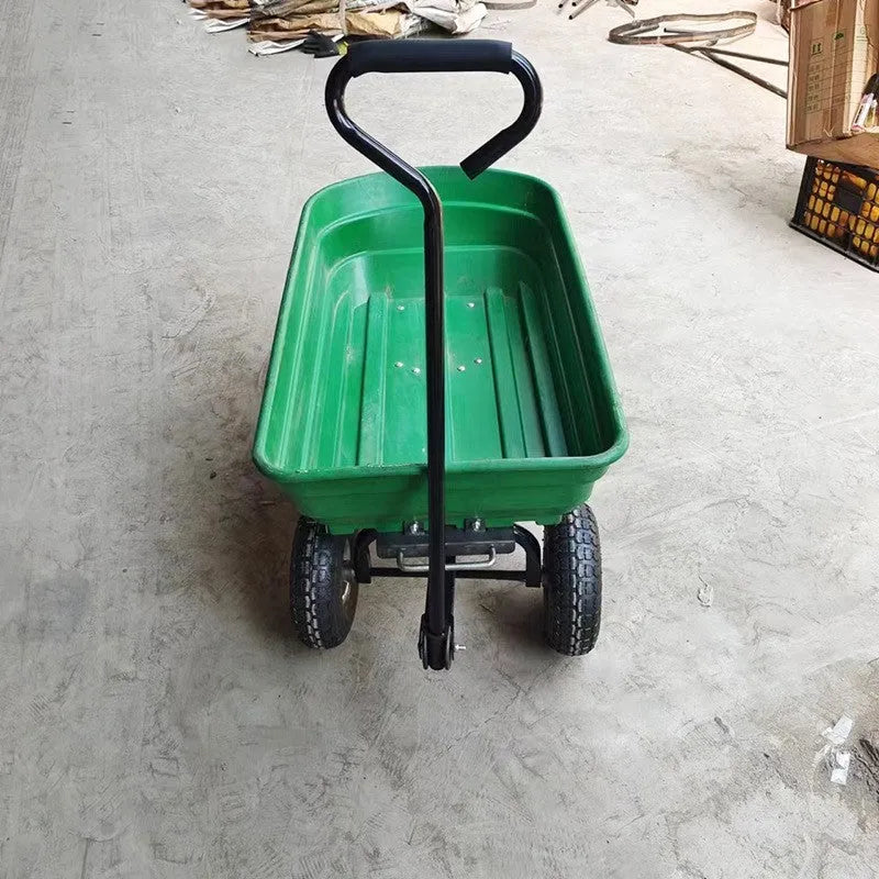 Green four-wheel plastic dump truck with steel PP body and tilting cargo bed for 350kg loads