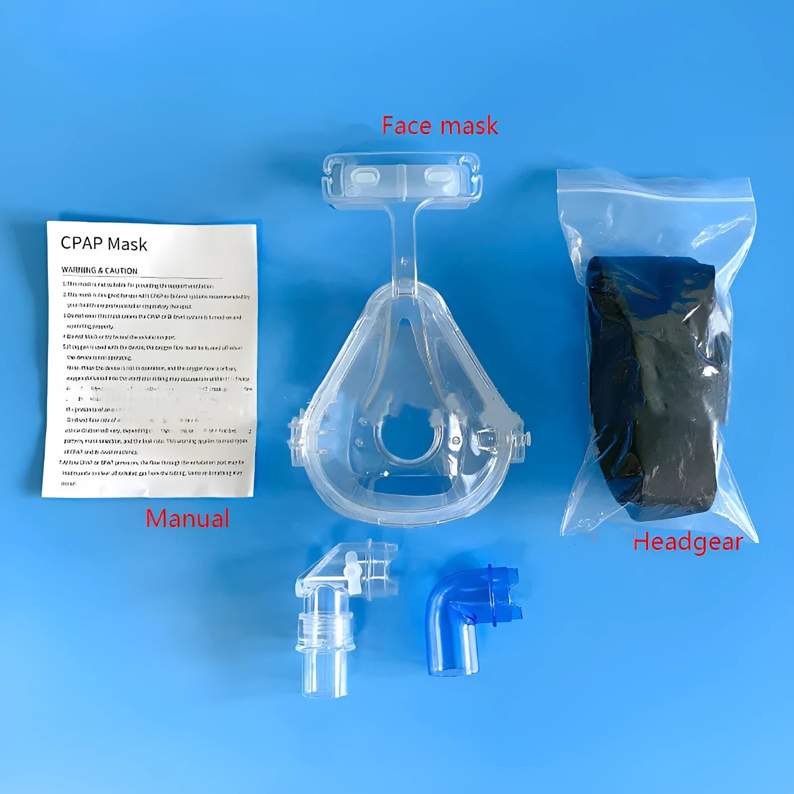 Transparent silicone CPAP breathing mask with headgear and dual elbow adapters