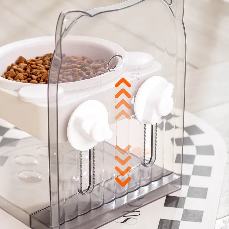 Grey plastic cat feeding bowl with cat ear design and adjustable height mechanism
