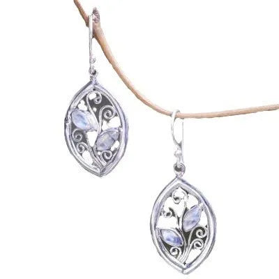 Women's silver alloy earrings with leaf design and embedded colourful moonstone gemstones