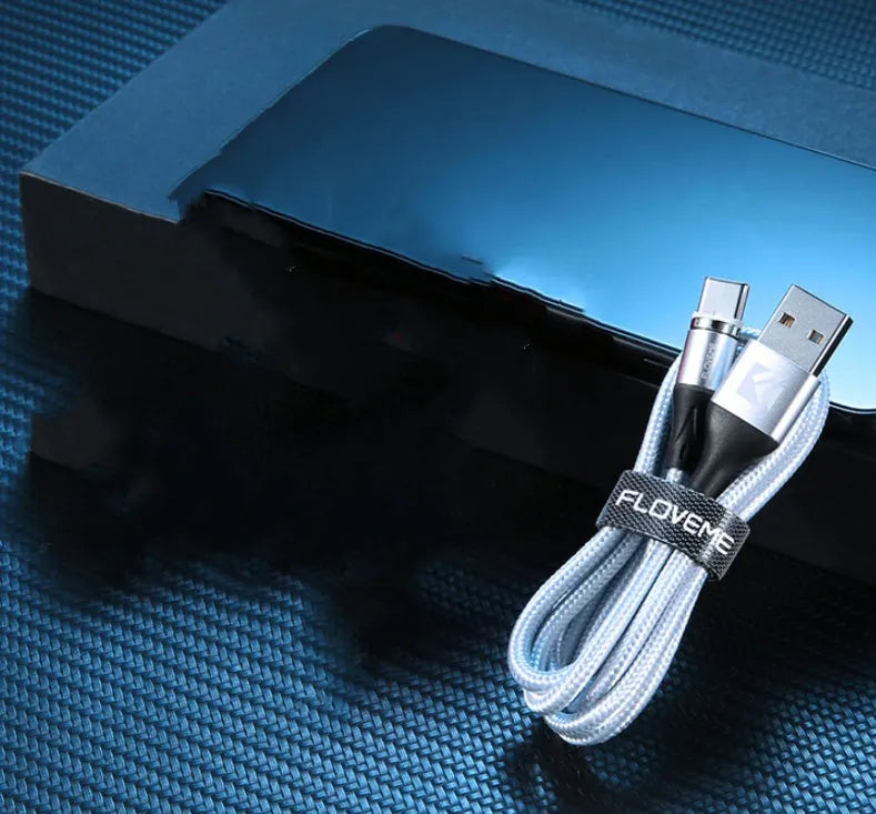 Black magnetic data cable with LED light and interchangeable iPhone, Android, and Type-C heads.