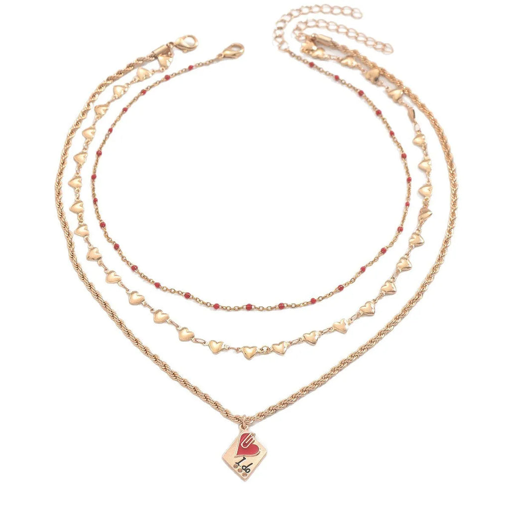 Gold-toned three-layer love heart necklace with geometric clavicle chain, adjustable 41-50cm