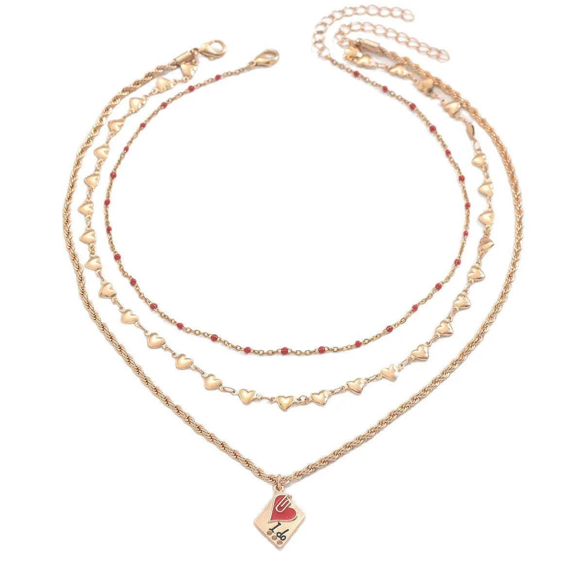 Gold-toned three-layer love heart necklace with geometric clavicle chain, adjustable 41-50cm