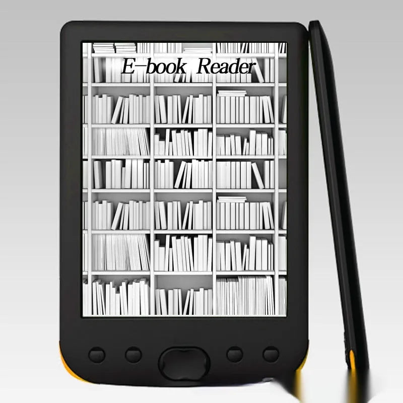 Black 6-inch E-ink screen e-book reader showing its front display.