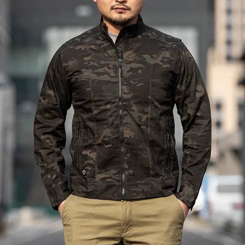 Men's tactical camouflage jacket in polyester fabric showing colour options including CP camouflage.