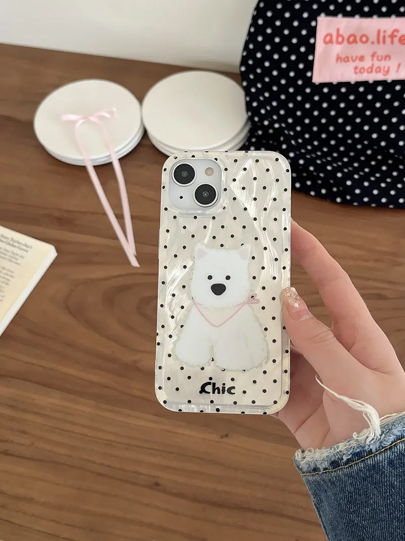 Polka dot West Highland dog TPU phone case for Apple iPhone, anti-fall soft shell in white and black