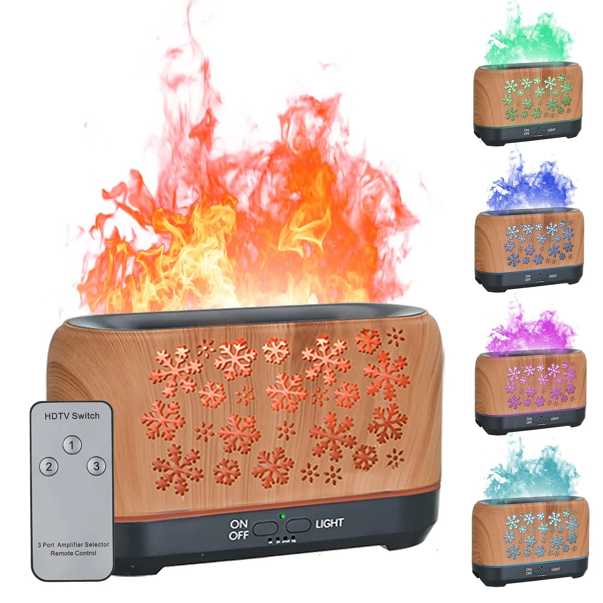 Colourful snowflake pattern aromatherapy humidifier with glowing flame effect and remote control on a desktop.