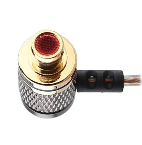 Brown in-ear headphones with metal subwoofer housing and L-bend 3.5mm plug on white background