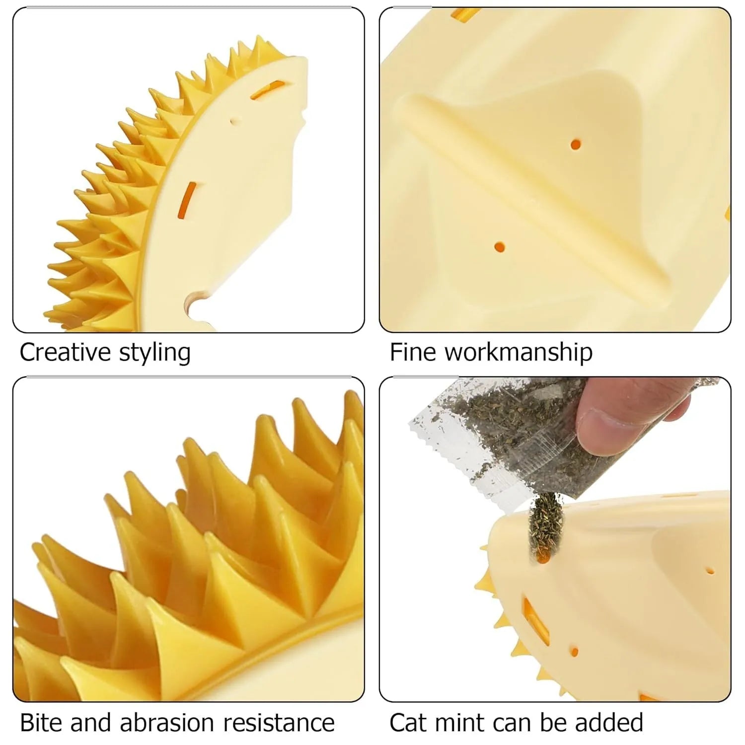 Yellow durian-shaped cat corner scratcher and grooming comb with adhesive backing