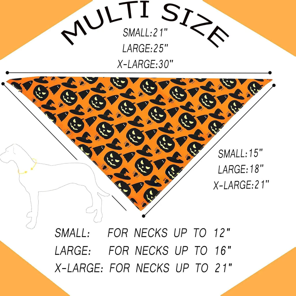 Black and orange reversible Halloween dog bandana with pumpkin and spider web patterns laid flat.