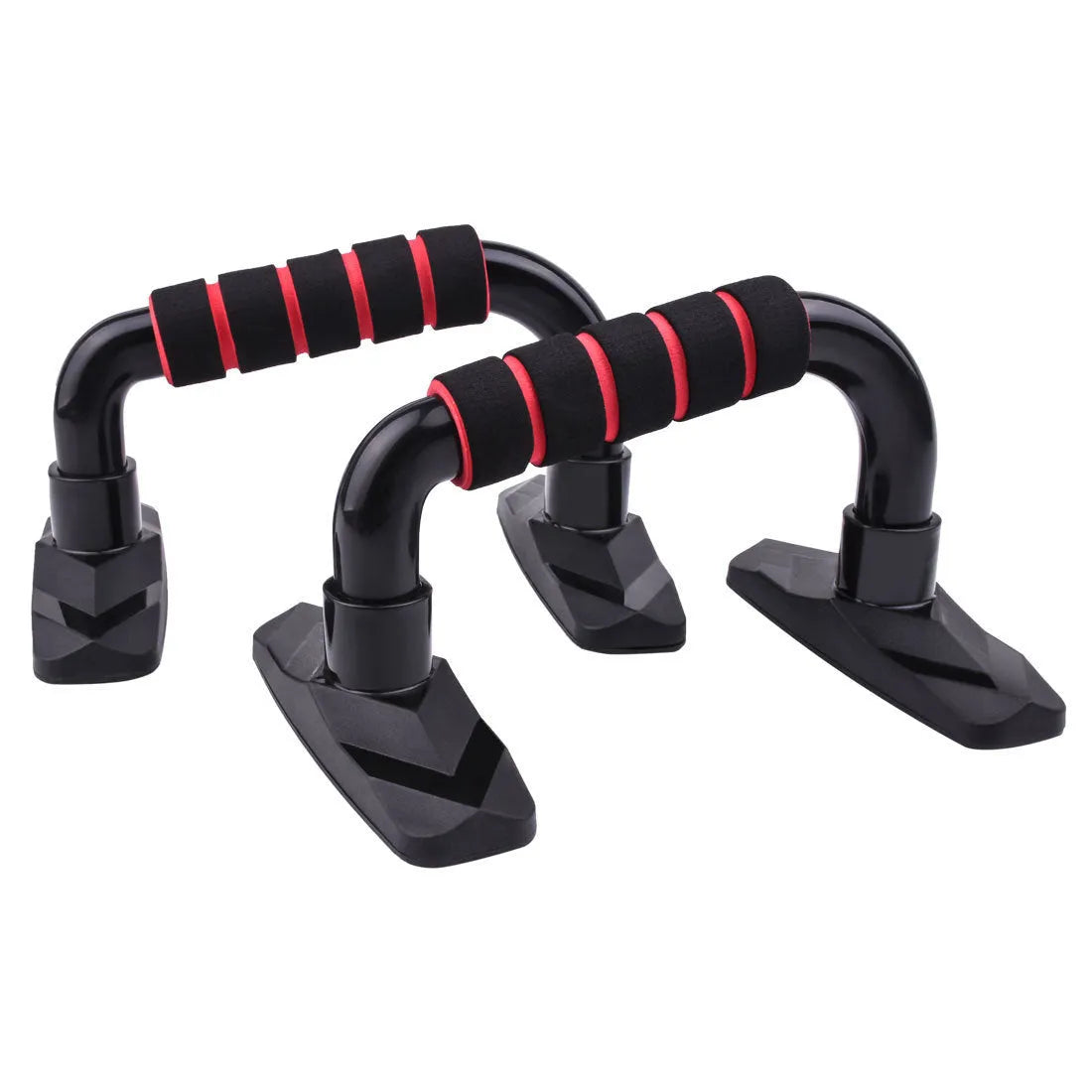 A pair of diamond-shaped push-up bars with blue PP sponge handles on a gym floor.