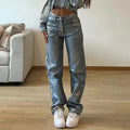 Washed blue straight leg jeans with high waist and contrast colour street style details