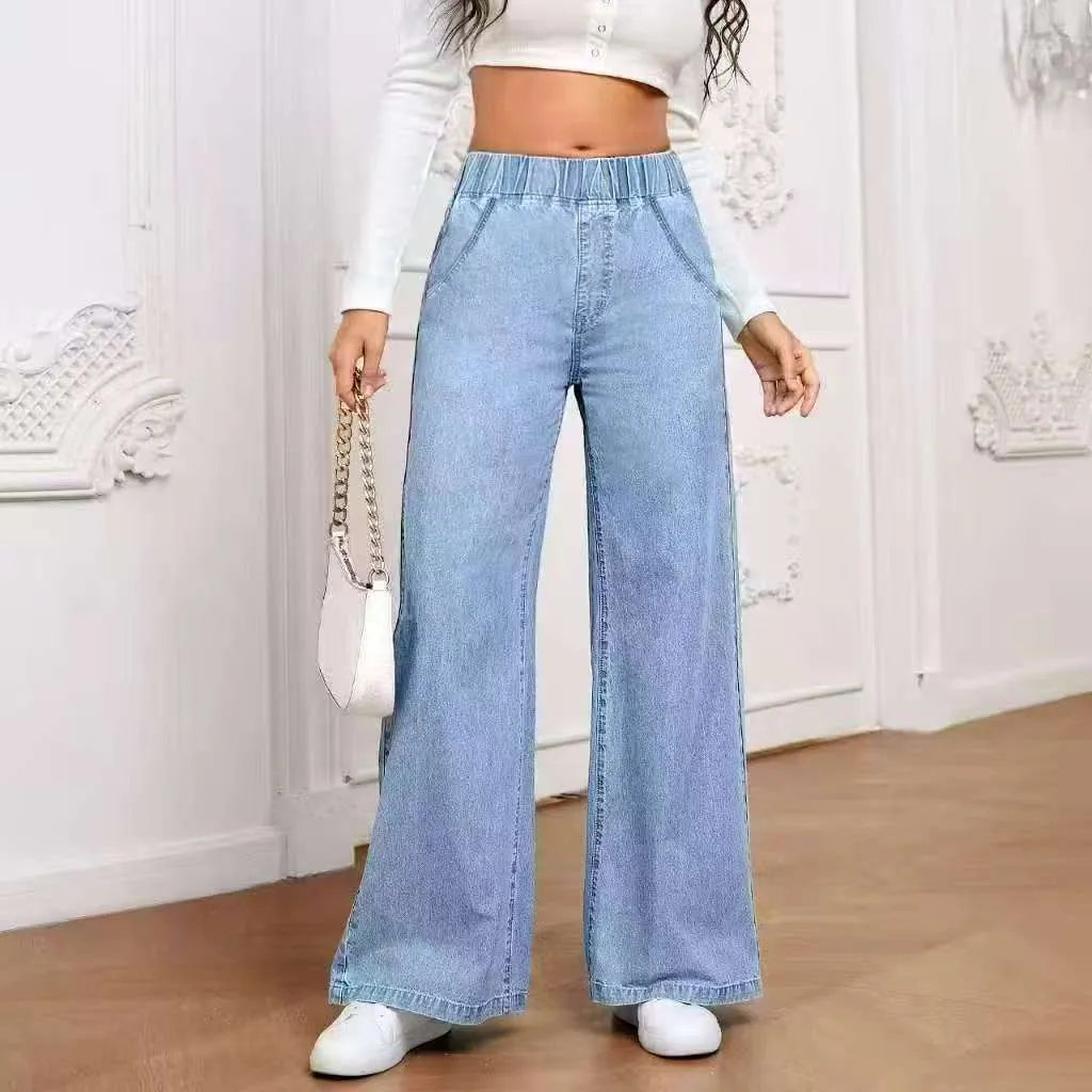 Light blue washed wide-leg denim trousers for plus size women with straight fit and mid-rise waist