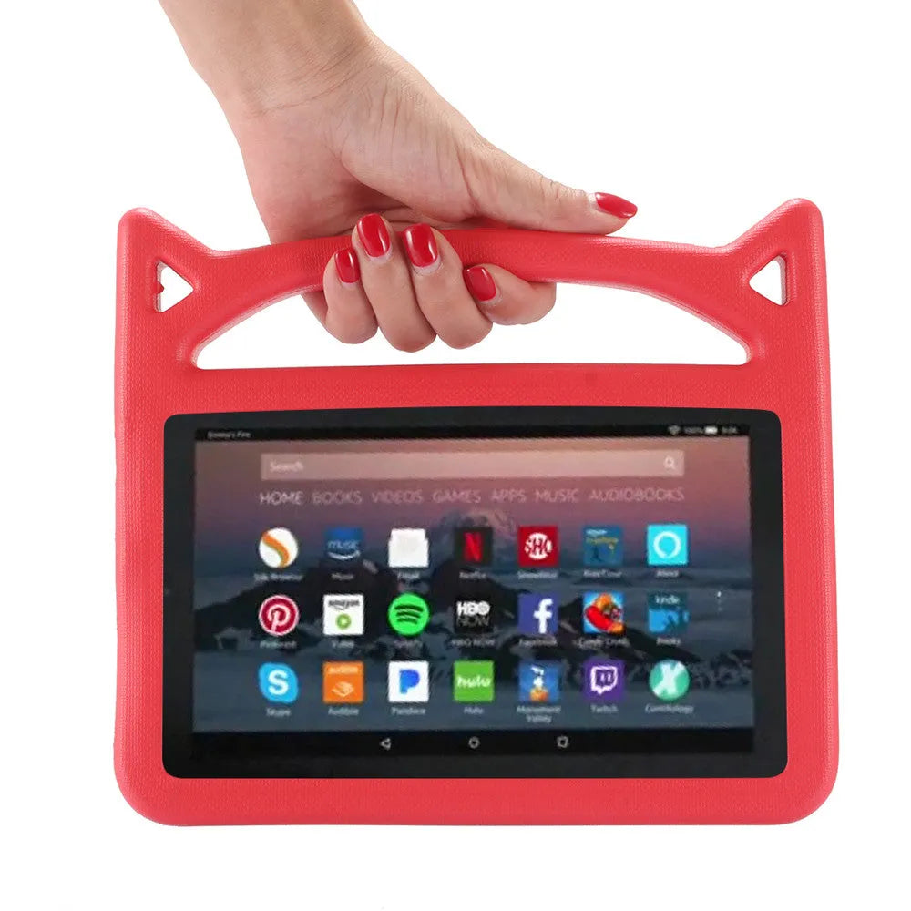 Little Devil EVA anti-drop flat case for Kindle Fire 7 2015/2017, in black colour, showing hand-held design with stand