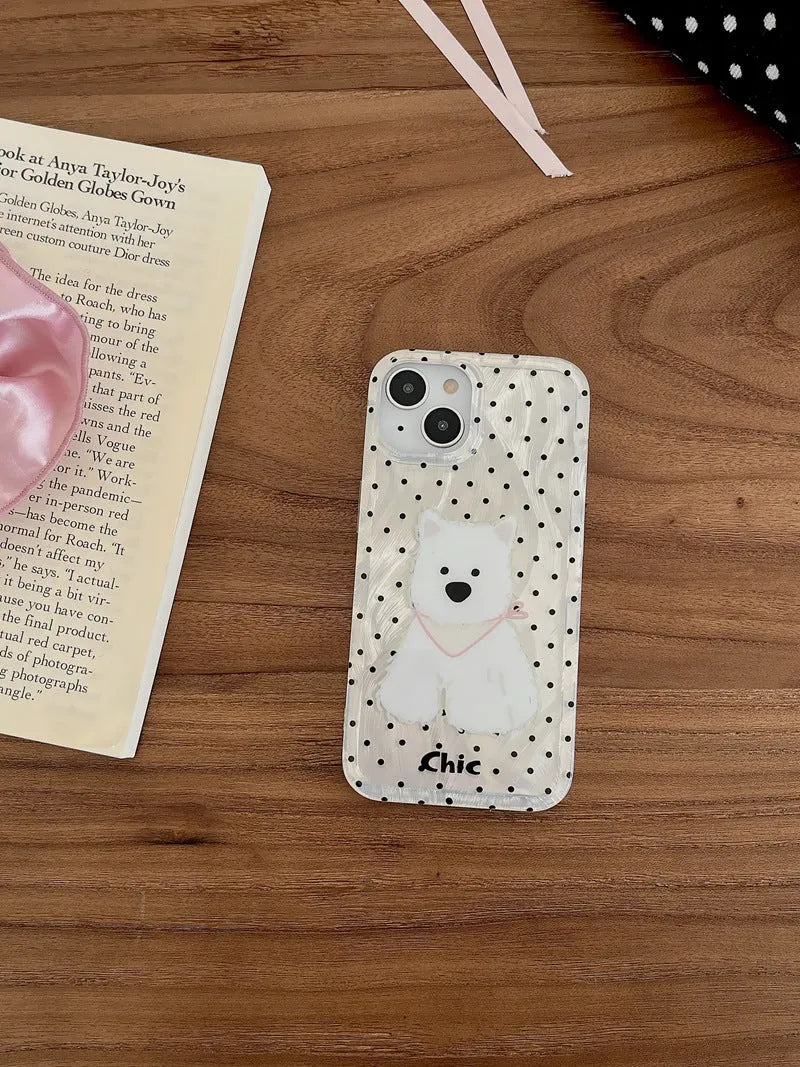 Polka dot West Highland dog TPU phone case for Apple iPhone, anti-fall soft shell in white and black