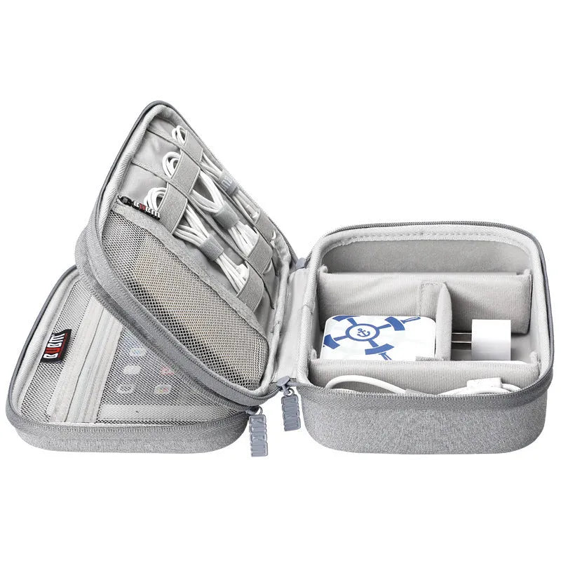 Black and grey EVA digital storage bag for headphones and cables, showing hand bag shape.