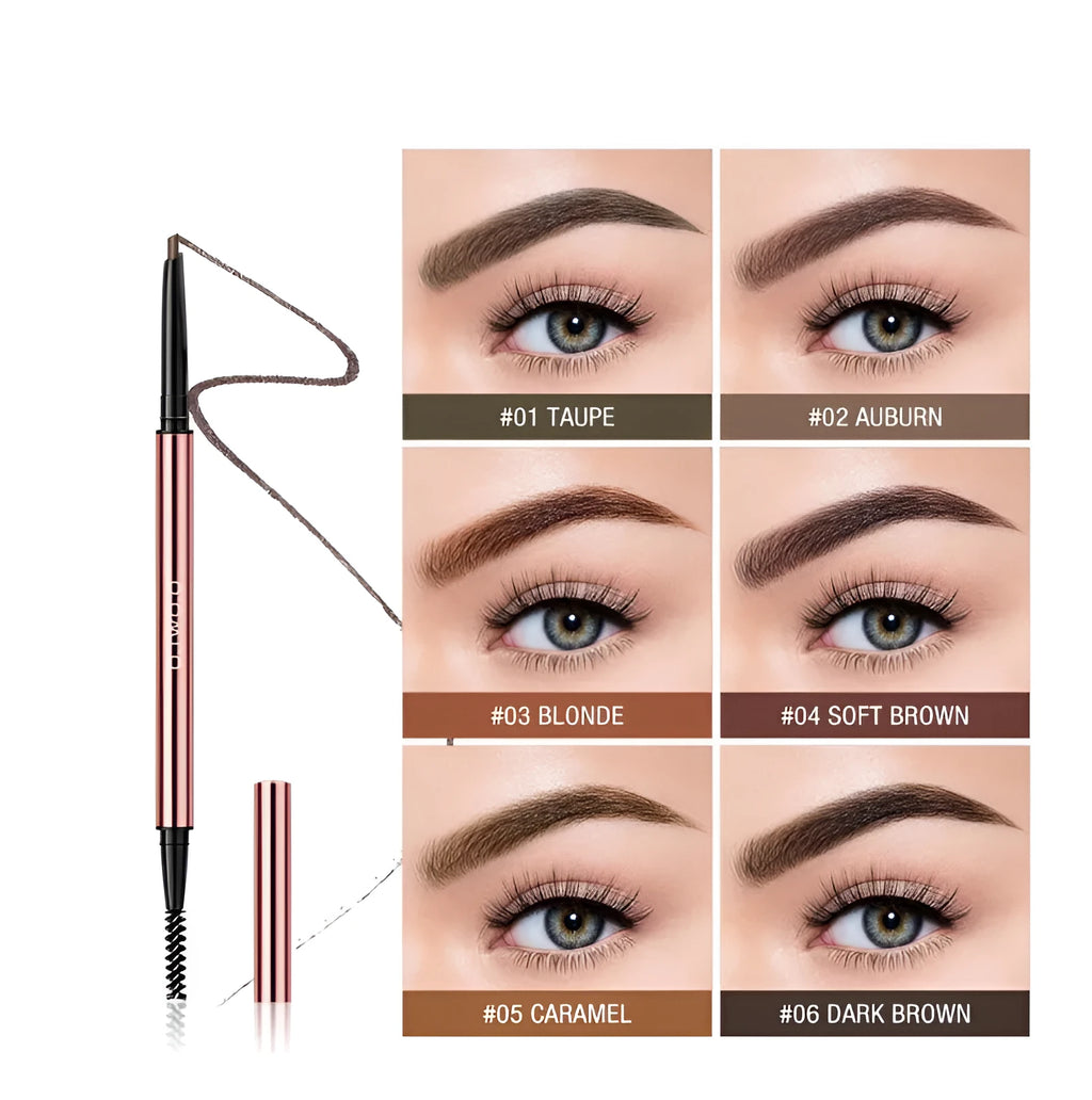Slim 0.7 cm wide eyebrow make-up pencil in a colour box, available in six shade options.