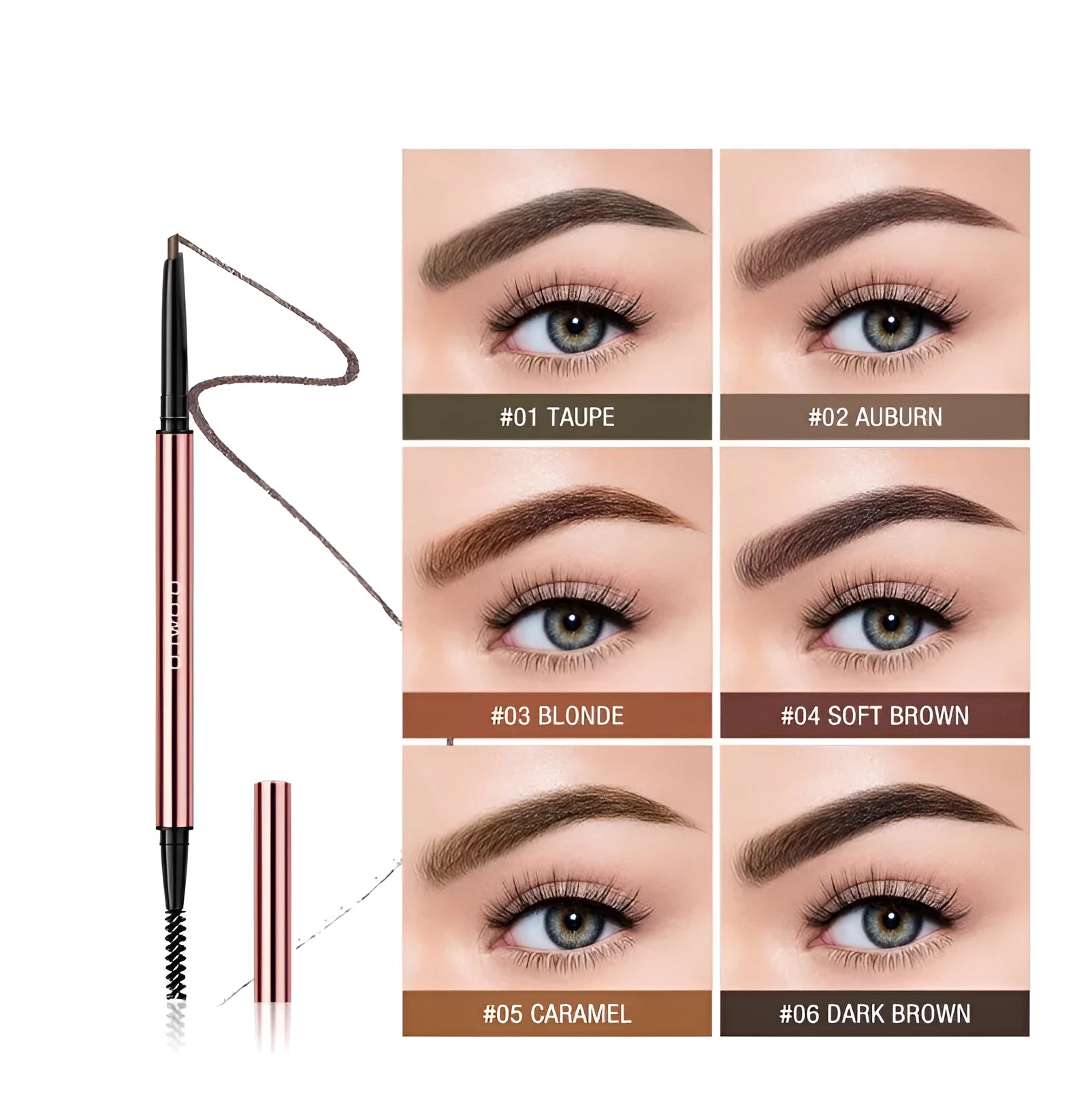 Slim 0.7 cm wide eyebrow make-up pencil in a colour box, available in six shade options.