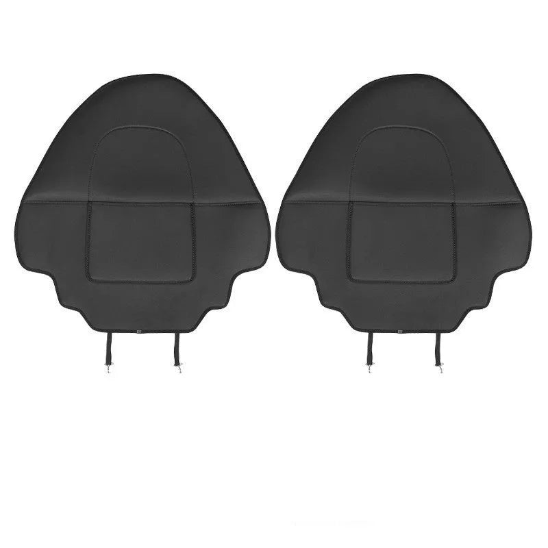 Set of two black leather anti kick pads for car rear seats, shown with dimensions.