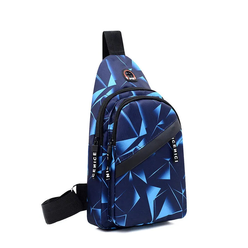 Men's Oxford cloth crossbody chest bag with earphone hole, showing zipper closure and vertical messenger style
