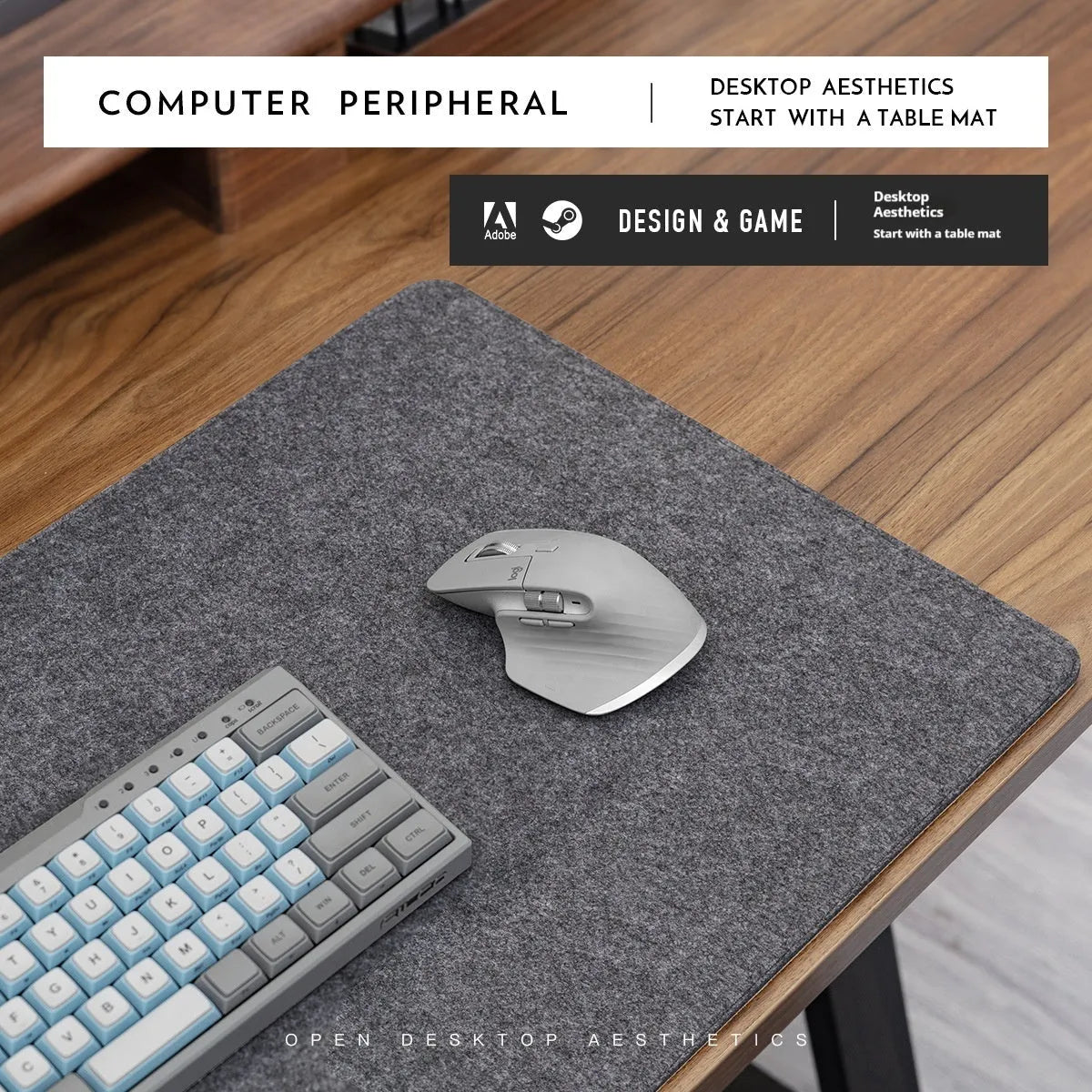 Oversized felt and cork office mouse mat showing black grey colour option on desk