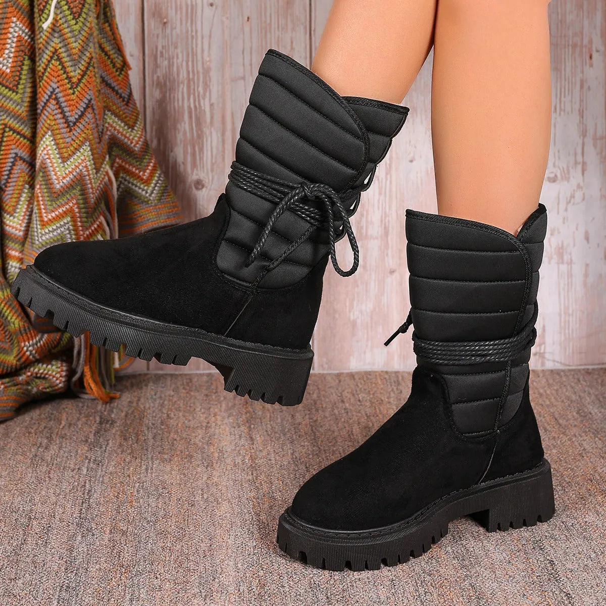 Women's black suede snow boots with chunky heel and lace-up design, shown on a foot.