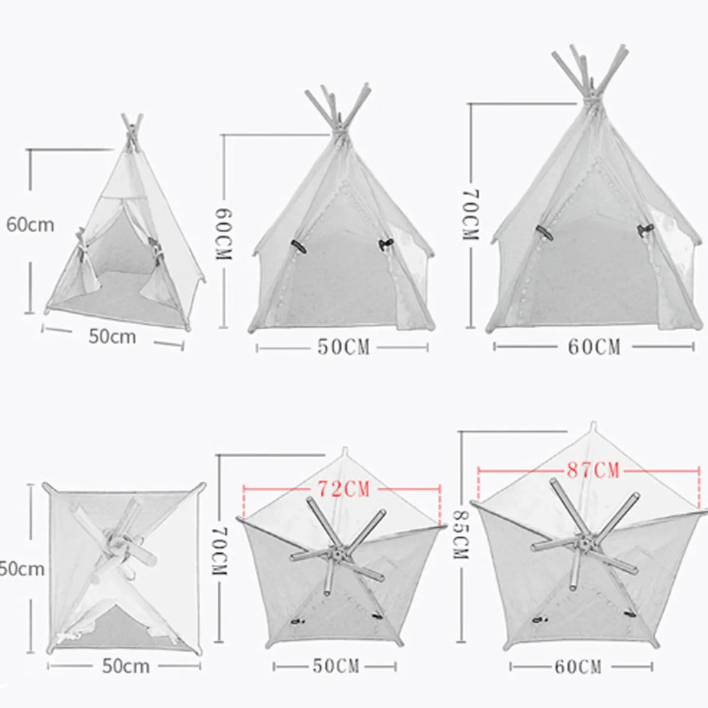 Striped linen pet teepee tent bed with cushion for small dogs or cats.