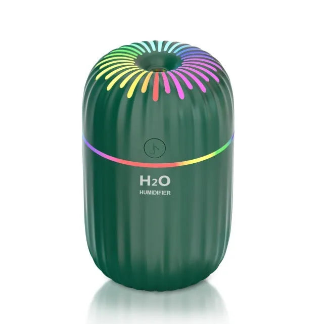 White USB mini humidifier with 300ml water tank measuring 75x75x116mm
